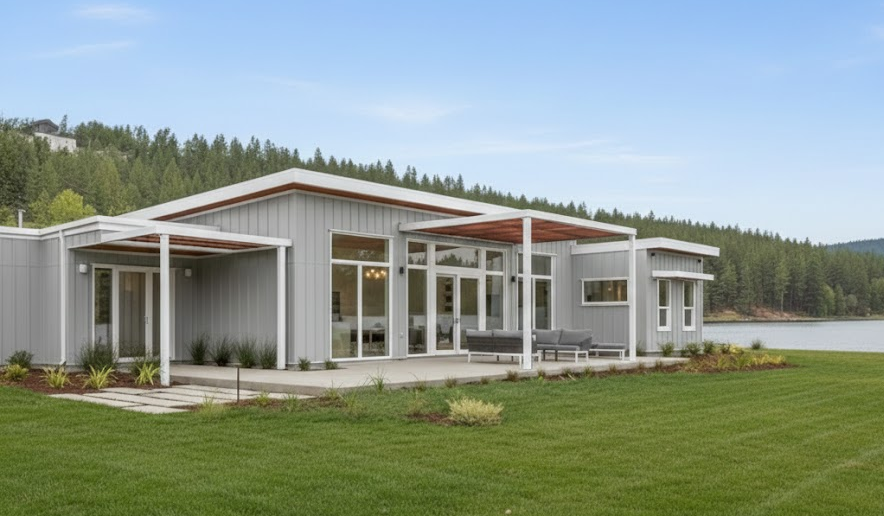 Light gray modern metal home with clean lines and white trim, located by a lake, showcasing soft and contemporary metal building colors in a serene landscape.
