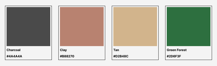 Metal building color swatches featuring Charcoal (#4A4A4A), Clay (#B88270), Tan (#D2B48C), and Green Forest (#2D6F3F) for warm and natural exterior color schemes.