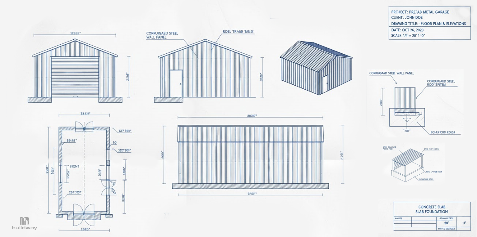 What Makes Buildway’s Steel Building Kits Stronger Than the Rest? 4 Custom steel building drawings and elevations showing layout, dimensions, and components, demonstrating why Steel Building Kits Are Stronger when designed for specific use cases.