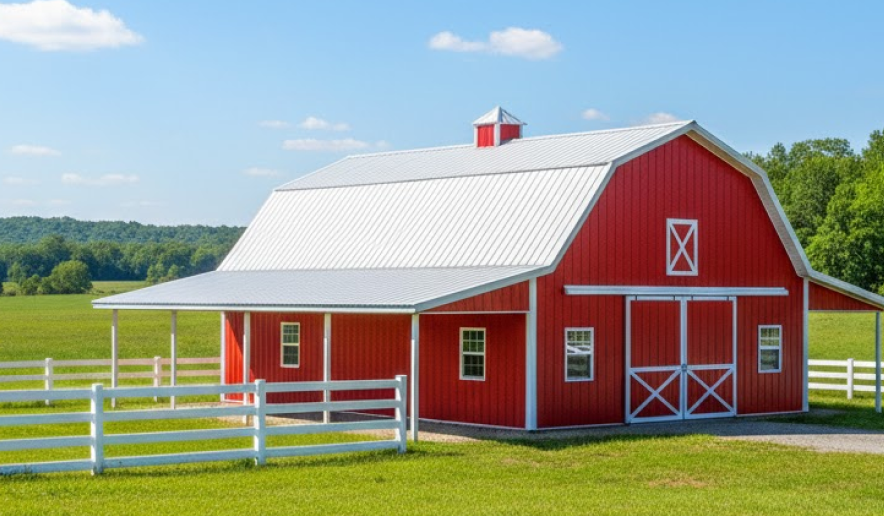 Classic red metal barn with white trim and a silver roof, showcasing traditional and vibrant metal building colors in a rural farm setting.