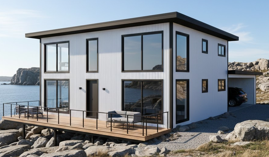 Modern white metal home with black trim and large windows, perched on a rocky coastline, showcasing sleek and coastal-inspired metal building colors.