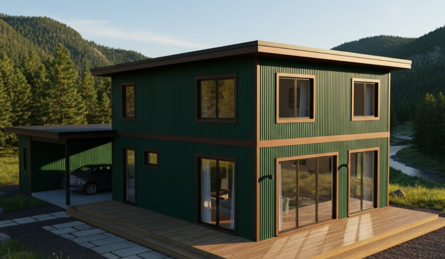 Modern green metal home with brown trim and large windows, set in a forested mountain landscape, showcasing earthy and nature-inspired metal building colors.