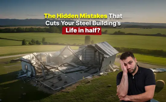 Partially collapsed metal structure in an open field illustrating factors that affect How Long Do Steel Buildings Last, with headline text about hidden mistakes and a stressed man reacting to the damage.