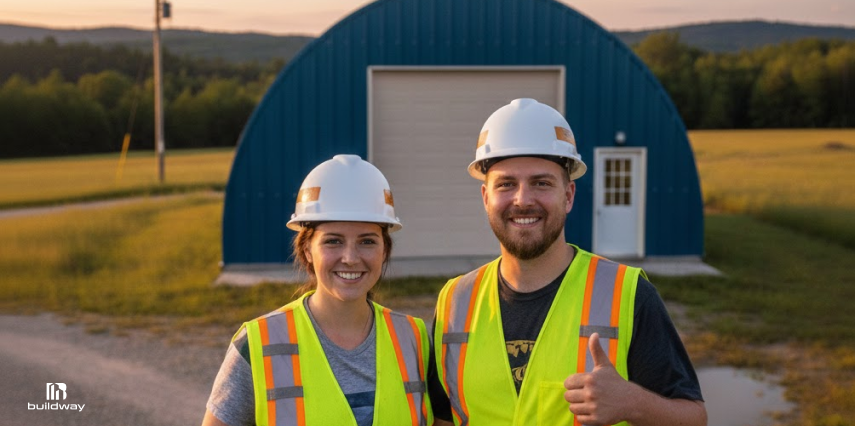 How Does Buildway’s 50-Year Rust Warranty Work and Is It Worth It? 8 Two construction workers wearing hard hats and safety vests standing in front of a completed steel building.
