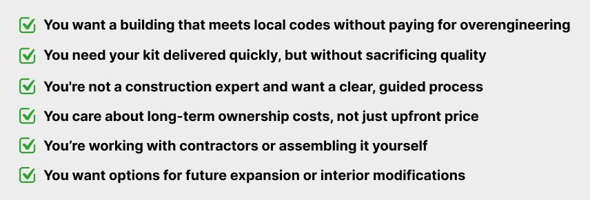 What Makes Buildway’s Steel Building Kits Stronger Than the Rest? 7 Checklist outlining buyer considerations such as code compliance, fast delivery, guided support, long-term costs, contractor or DIY options, and future expansion.
