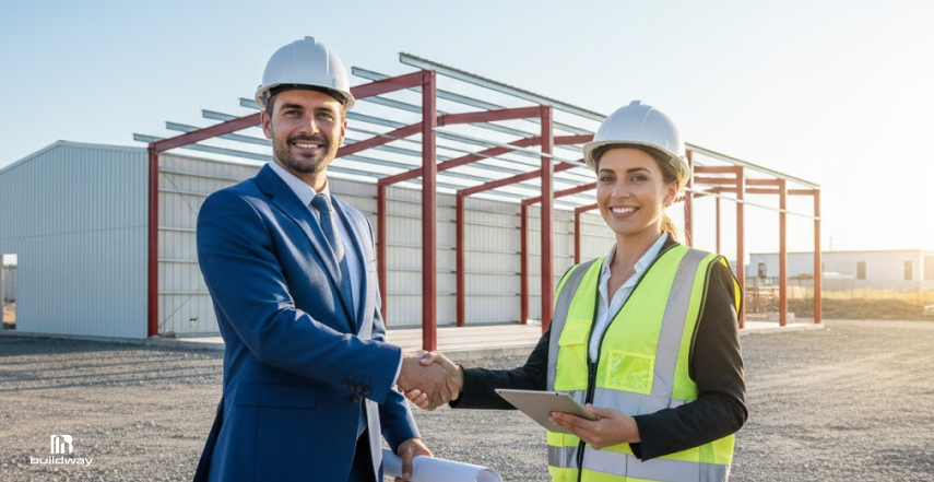 Two professionals wearing hard hats shaking hands in front of a completed steel building frame at a construction site.