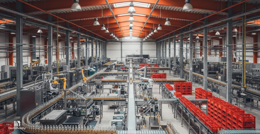 How Long Do Steel Buildings Last If You Ignore Maintenance? The Result Is Brutal 4 Interior of a large steel manufacturing facility with high ceilings, overhead lighting, automated conveyor systems, industrial machinery, and stacked pallets arranged across the factory floor.