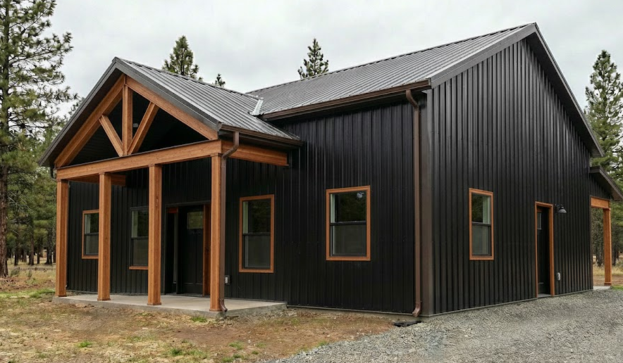 Black metal building with natural wood trim and exposed timber gable, highlighting a striking contrast in modern rustic metal building colors.