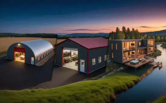 A showcase of modern Steel Building Design Ideas featuring a curved steel workshop in a rural field, a rectangular steel garage with red trim, and a contemporary two-story steel-framed home overlooking a river with large glass windows and an outdoor deck.
