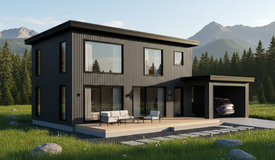 Sleek two-story black metal home with vertical siding and modern design, set against a mountain backdrop, showcasing bold and contemporary metal building colors.