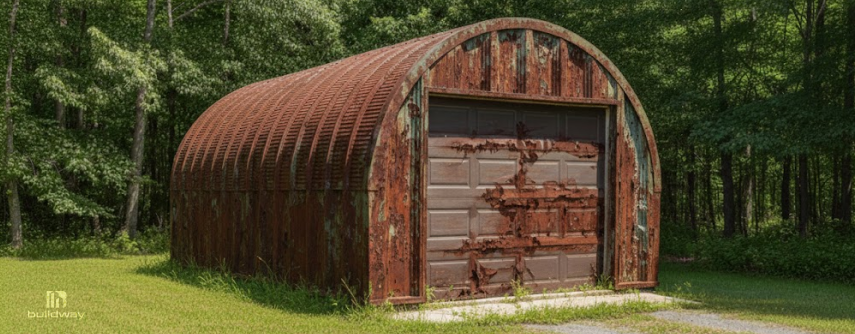 How Does Buildway’s 50-Year Rust Warranty Work and Is It Worth It? 1 Severely rusted steel garage with perforated panels and corrosion damage on the door and curved roof structure.