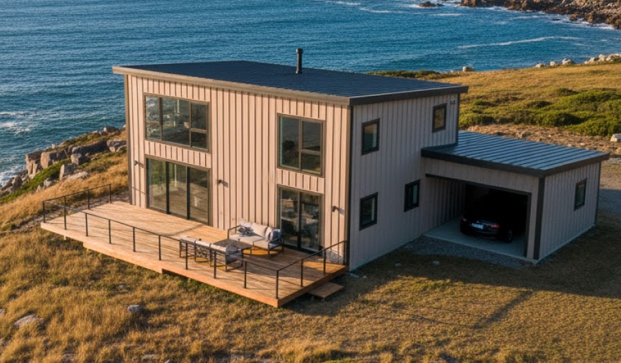 Modern two-story metal home with light beige siding and dark roof, set on a coastal cliffside, showcasing durable and stylish metal building colors for seaside environments.