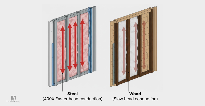 Comparison diagram of steel and wood wall framing showing heat flow, where steel studs conduct heat much faster than wood studs, illustrating higher thermal conductivity in steel framing.