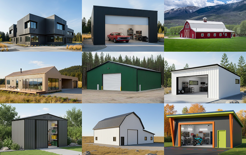 A collage of metal buildings in various styles and metal building colors, including black, red, green, white, beige, and bold accent combinations.