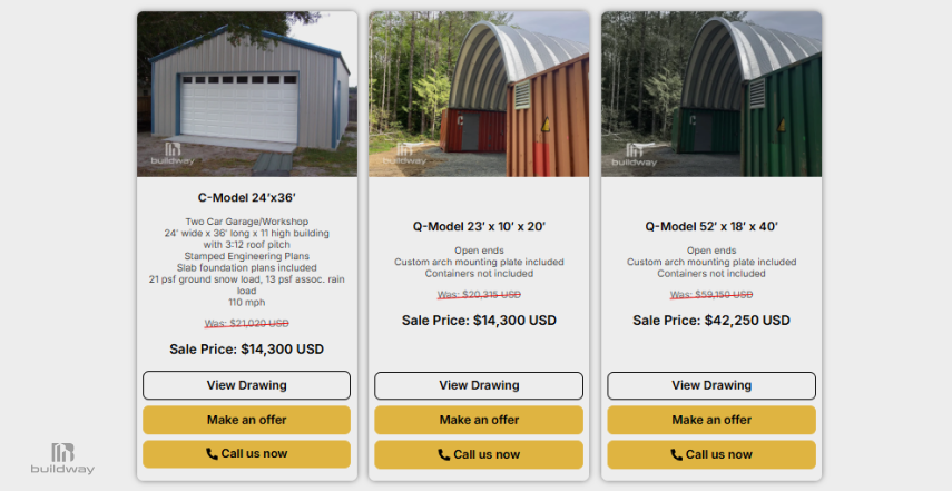 Product listing cards displaying three prefabricated metal building models with photos, dimensions, sale prices, and call-to-action buttons.