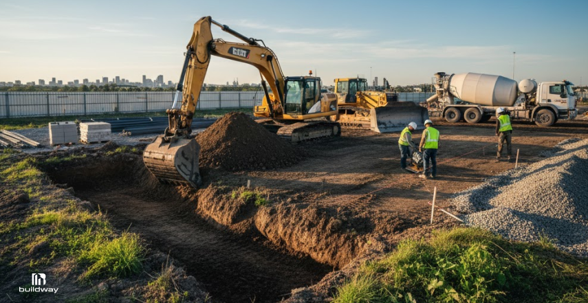 Construction crew preparing a building site with an excavator, gravel base, and concrete truck for foundation work.