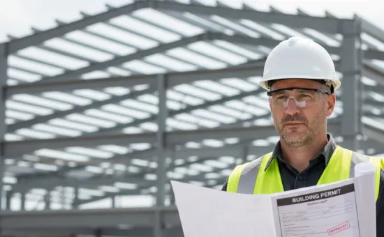Construction inspector reviewing documents at a steel frame construction site, illustrating the process of obtaining steel building permits before development.