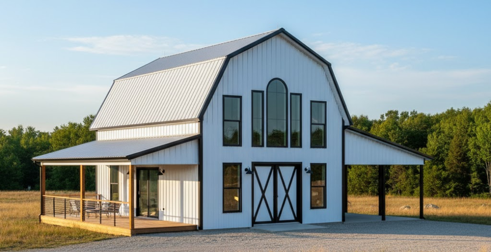 White modern barn-style metal building with black trim and a silver roof, highlighting clean and timeless metal building colors in a countryside setting.