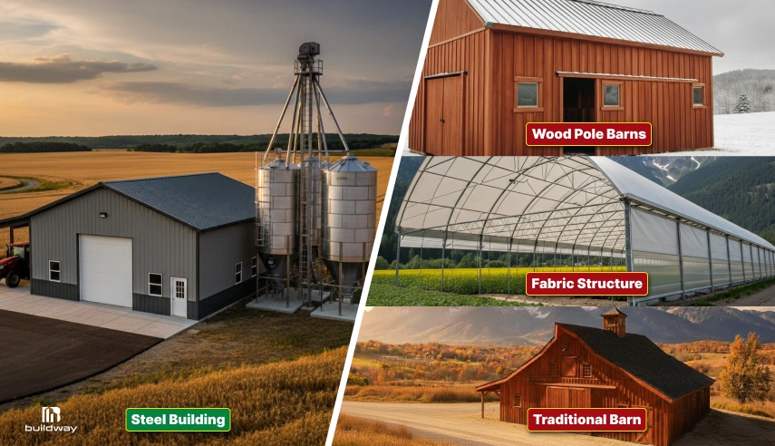 A comparison of four farm buildings: a steel building with attached silos, a wood pole barn in a snowy field, a white fabric structure used for farming, and a classic traditional barn in a rural landscape.