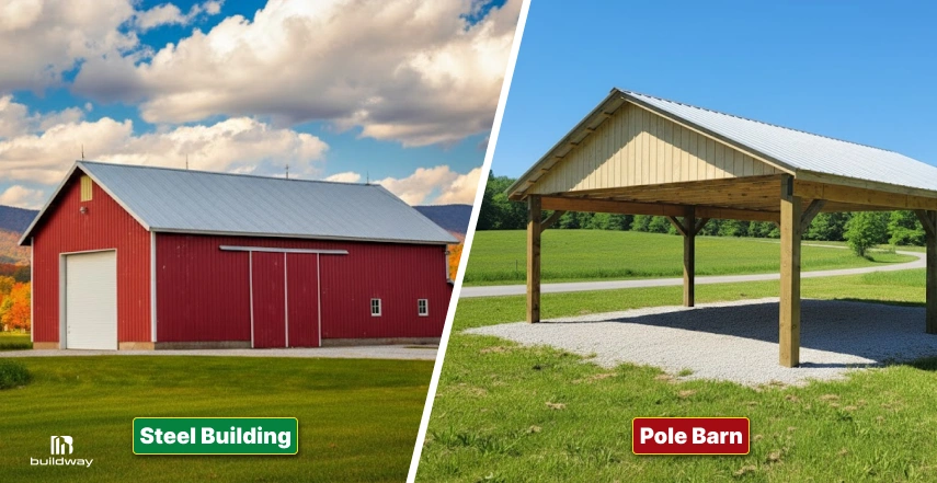 A side-by-side comparison of two farm structures: on the left, a red steel building with a white roof and roll-up garage door; on the right, an open-sided wooden pole barn with a metal roof, set on gravel and surrounded by green fields.