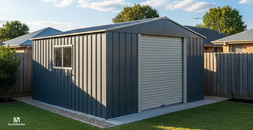 DIY Metal Building Kits: How Much Can You Really Save? 3 Small gray metal shed with a roller door and side window, built on a concrete slab in a fenced backyard surrounded by suburban homes and green lawn.