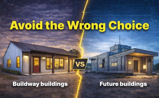 Home 31 Metal building kit comparison highlighting Buildway and Future buildings with dramatic lighting and a bold VS split.