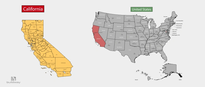 Which States Does Have the Toughest Building Codes in the US for Steel Buildings? 2 Side-by-side maps of California and the United States, with California highlighted, emphasizing its distinction from other states, possibly in building codes or regulations.