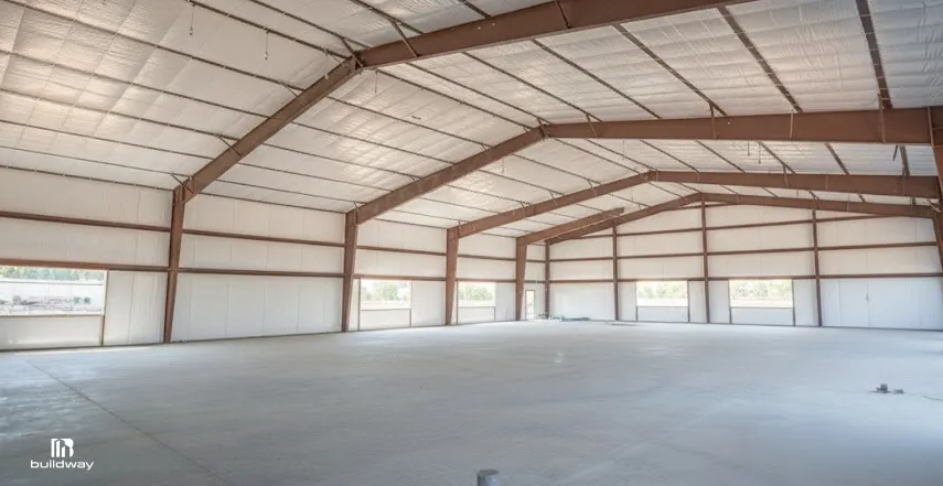 The Real Reason I-Beam Steel Buildings Handle 200-Foot Spans Without Columns 3 Interior view of a large, empty steel-framed warehouse with insulated roofing and concrete flooring, well-lit by natural light from multiple windows.