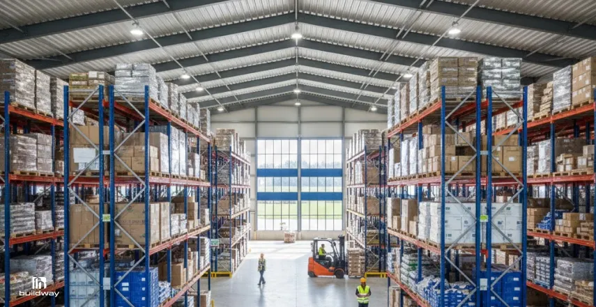 Before You Price a Steel Warehouse Building in 2026, Read This 2 Interior view of a large warehouse with tall industrial shelving racks fully stocked with goods, workers in safety vests, and a forklift in operation beneath a high metal roof with bright overhead lighting.