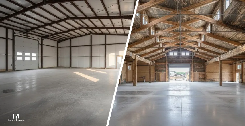 The Truth About Clear Span Steel Buildings Most Contractors Skip 4 Side-by-side comparison of two building interiors: one with a modern steel clear span design, and the other with an older wooden truss structure.