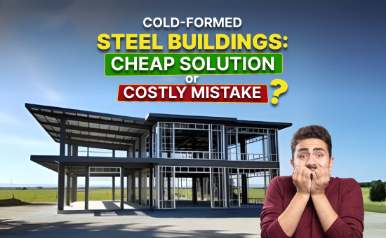 Cold-formed steel buildings shown as a modern steel frame structure in an open field, highlighting whether cold-formed steel buildings are a cheap solution or a costly mistake.