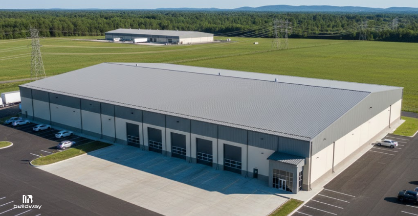 Choosing the Wrong Steel Building Foundation Can Cost You Thousands. Here's How to Get It Right. 7 Large commercial steel building with a concrete slab foundation, designed for warehouse use on a flat industrial site.