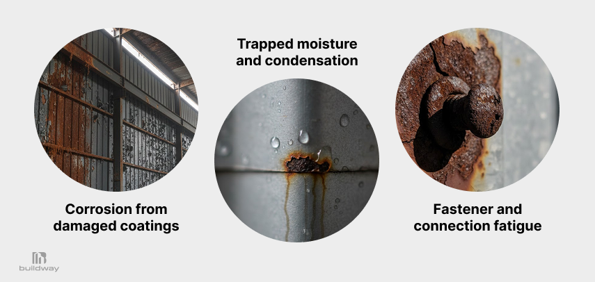 Metal vs Wood Buildings: What Fails First? 7 Three common steel building issues: corrosion from damaged coatings, trapped moisture causing rust, and fastener fatigue due to rust and wear.