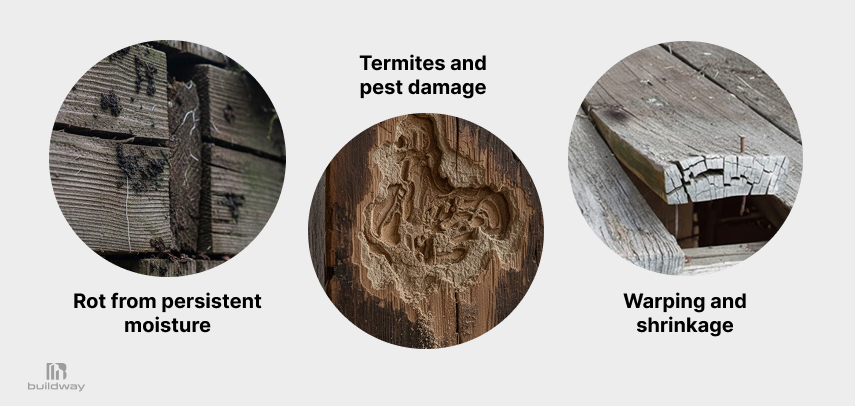Metal vs Wood Buildings: What Fails First? 8 Three common wood building issues: rot from moisture, termite and pest damage, and warping or shrinkage of wood components.