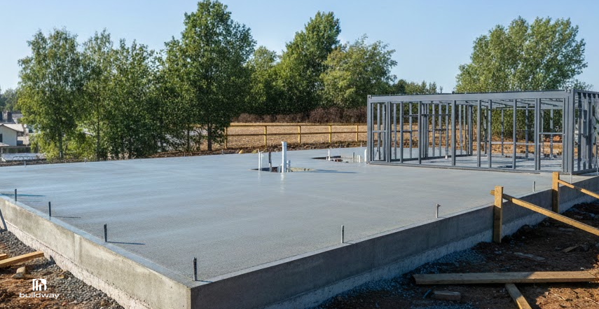 Choosing the Wrong Steel Building Foundation Can Cost You Thousands. Here's How to Get It Right. 2 Concrete slab steel building foundation with anchor bolts and partial steel frame under construction on a clear site.