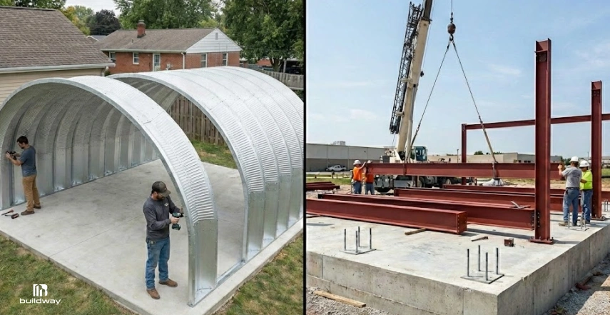 Side-by-side image of a prefab arched metal building being assembled next to a steel I-beam frame under crane installation.