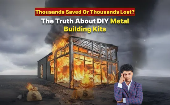 Burning metal structure with smoke rising under a stormy sky, accompanied by bold text asking if thousands were saved or lost — exposing the risks of DIY Metal Building Kits.