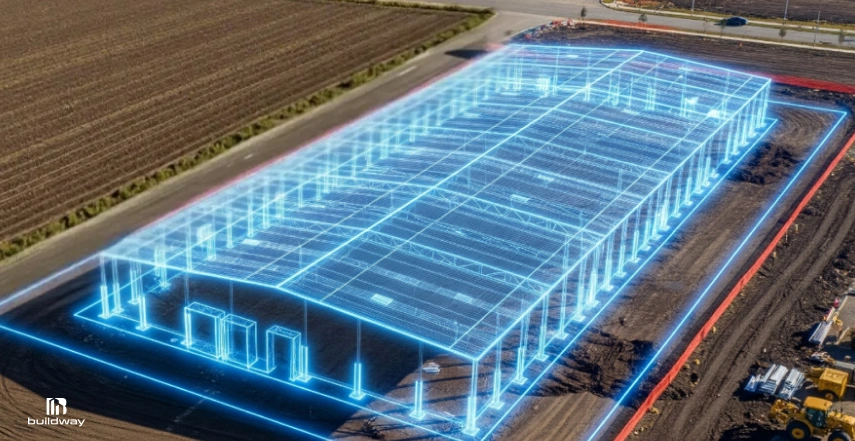 How to Choose Metal Building Size Without Overpaying or Running Out of Space 6 Aerial view of a construction site with a digital overlay of a metal building structure, illustrating the planned footprint, framing, and layout before construction begins.