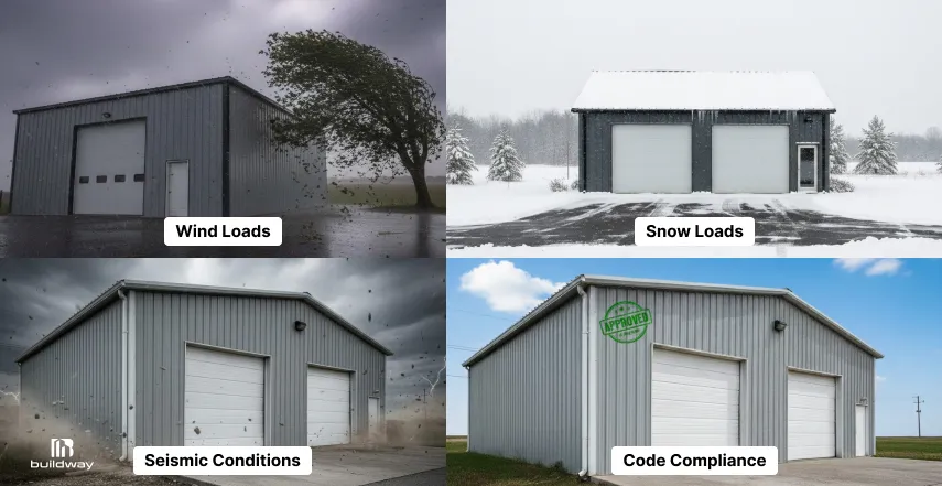 Are Cold-Formed Steel Buildings Still Worth It in 2026? Costs, Spans, Uses 4 Cold-formed steel buildings designed for wind loads, snow loads, seismic conditions, and building code compliance in different environments.