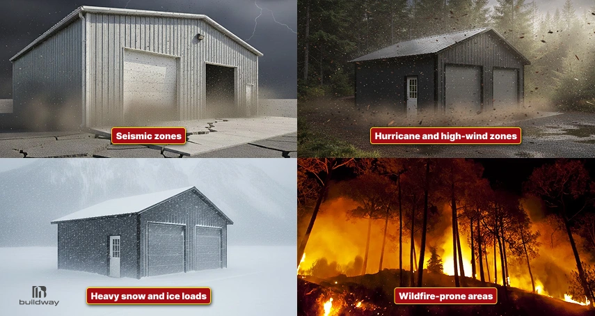 Which States Does Have the Toughest Building Codes in the US for Steel Buildings? 1 Four steel buildings shown under extreme conditions: earthquakes, hurricanes, snow loads, and wildfires, illustrating environmental risks buildings must withstand.