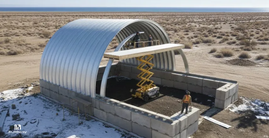 Thinking About Quonset Buildings? Facts, Myths, and Real-World Uses 2 Construction workers assembling a curved metal building using a scissor lift to position a roof panel, surrounded by concrete block walls in a desert landscape.