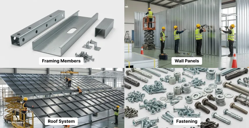Are Cold-Formed Steel Buildings Still Worth It in 2026? Costs, Spans, Uses 3 Key components of a cold-formed steel building including framing members, wall panels, roof system, and steel fasteners shown during fabrication and installation.
