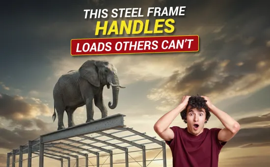 An elephant standing on an I-Beam steel building structure at sunset with a shocked man reacting, symbolizing the exceptional strength and load capacity of I-Beam steel buildings.