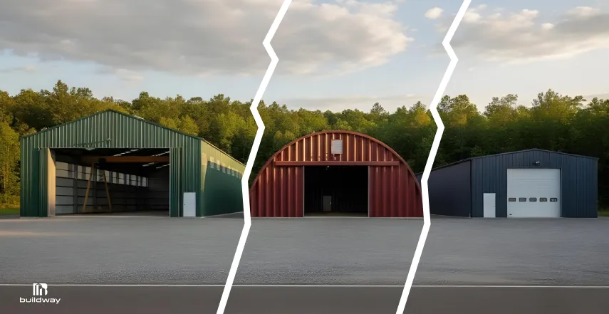 The Real Reason I-Beam Steel Buildings Handle 200-Foot Spans Without Columns 5 Three metal building types side by side: green gable-roof, red Quonset hut, and dark blue industrial style, with trees in the background.