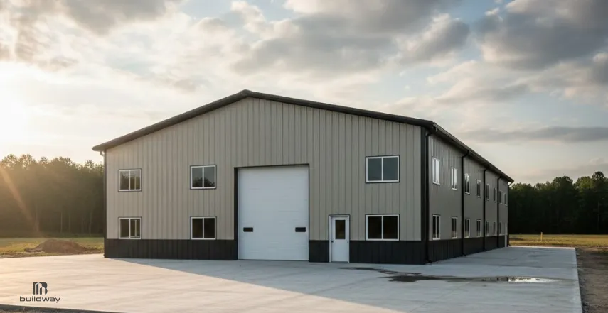 The Real Reason I-Beam Steel Buildings Handle 200-Foot Spans Without Columns 4 Exterior of a large two-story metal building with multiple windows and a central overhead garage door, surrounded by a spacious concrete lot at sunset.