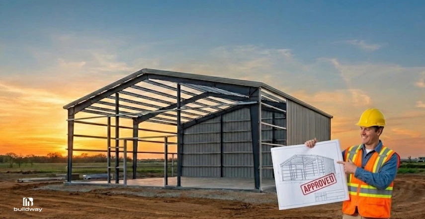 Construction worker holding approved building plan in front of partially built metal structure at sunset.