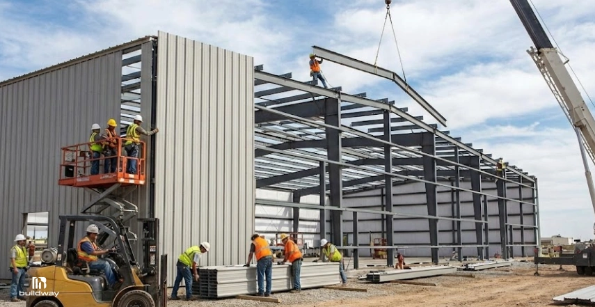 Why Your Steel Building Cost Is Higher Than Expected? (Full Breakdown With Hidden Fees) 3 Construction crew assembling a large steel building frame with cranes and heavy equipment on a job site under a partly cloudy sky.