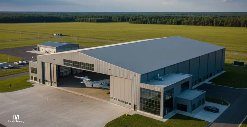 DIY Metal Building Kits: How Much Can You Really Save? 5 Large metal aircraft hangar with open bay doors housing a private jet, featuring attached office space and surrounded by paved areas and open fields.