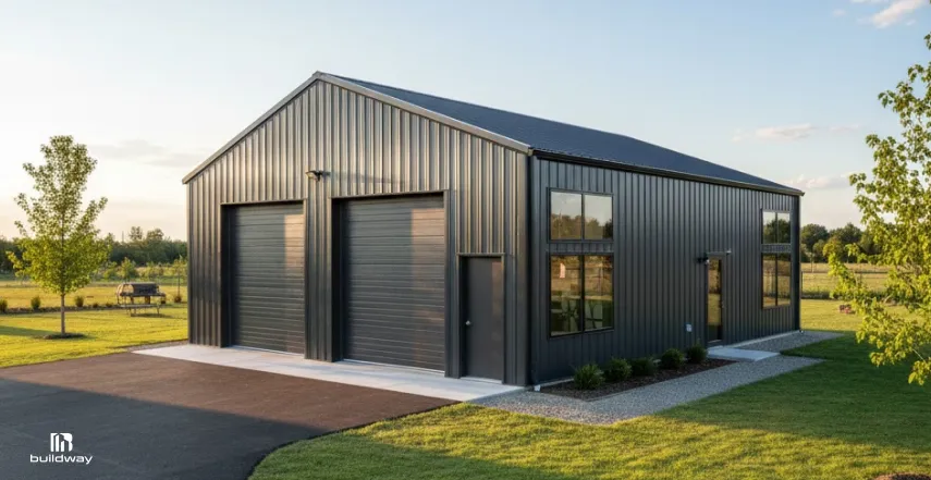 DIY Metal Building Kits: How Much Can You Really Save? 4 Large modern metal building with two roll-up garage doors, multiple windows, and a side entrance, situated on a landscaped property with a paved driveway and green lawn.