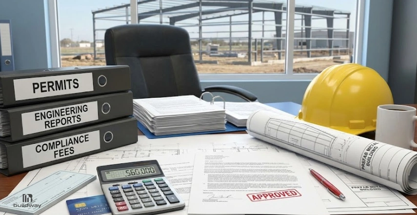 Why Your Steel Building Cost Is Higher Than Expected? (Full Breakdown With Hidden Fees) 5 Construction office desk with permit binders, engineering reports, compliance documents, a calculator, hard hat, and blueprints, overlooking a steel building under construction through the window.